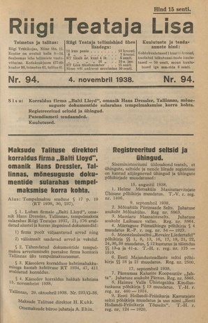 Riigi Teataja Lisa : seaduste alustel avaldatud teadaanded ; 94 1938-11-04