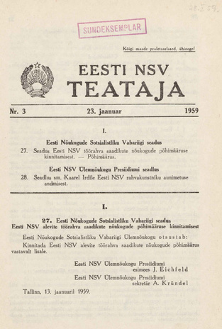 Eesti NSV Teataja = Ведомости Эстонской ССР ; 3 1959-01-23