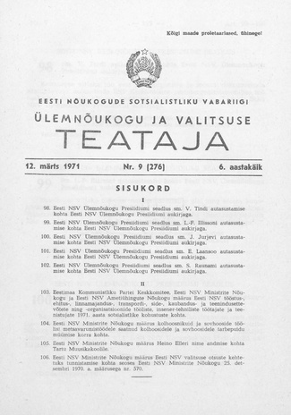 Eesti Nõukogude Sotsialistliku Vabariigi Ülemnõukogu ja Valitsuse Teataja ; 9 (276) 1971-03-12