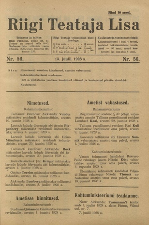 Riigi Teataja Lisa : seaduste alustel avaldatud teadaanded ; 56 1928-07-13