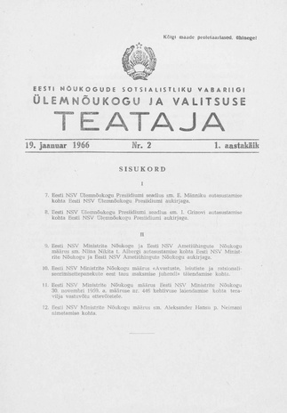 Eesti Nõukogude Sotsialistliku Vabariigi Ülemnõukogu ja Valitsuse Teataja ; 2 1966-01-19