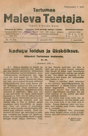 Tartumaa Maleva Teataja ; 16 (83) 1932-10-07