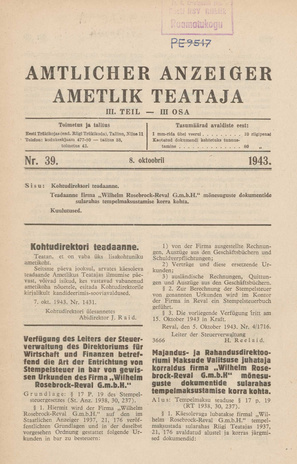 Ametlik Teataja. III osa = Amtlicher Anzeiger. III Teil ; 39 1943-10-08