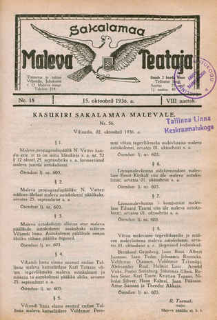 Sakalamaa Maleva Teataja ; 18 1936-10-15