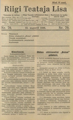 Riigi Teataja Lisa : seaduste alustel avaldatud teadaanded ; 70 1936-08-25