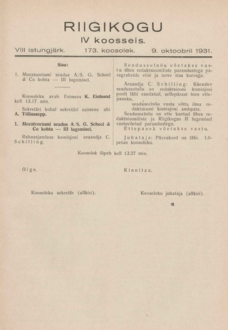 Riigikogu IV koosseis : täielikud protokollid : VIII istungjärk : protokoll nr. 173