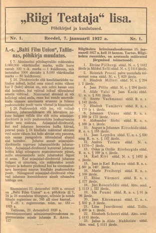 Riigi Teataja Lisa : seaduste alustel avaldatud teadaanded ; 1 1927-01-07
