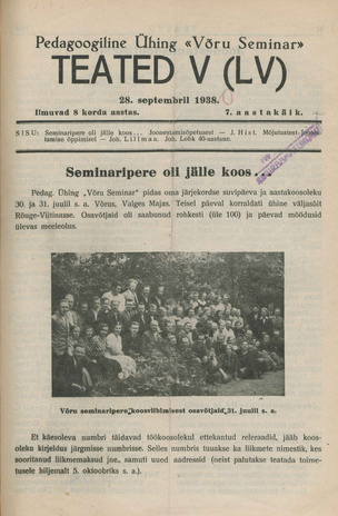 Pedagoogiline Ühing "Võru Seminar" : teated ; V (LV) 1938-09-28