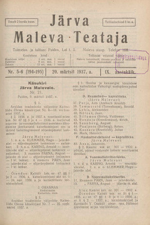 Järva Maleva Teataja ; 5-6 (194-195) 1937-03-20
