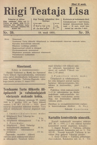 Riigi Teataja Lisa : seaduste alustel avaldatud teadaanded ; 39 1931-05-19
