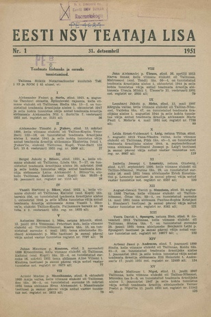 Eesti NSV Teataja lisa ; 1 1951-12-31