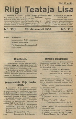 Riigi Teataja Lisa : seaduste alustel avaldatud teadaanded ; 110 1938-12-29