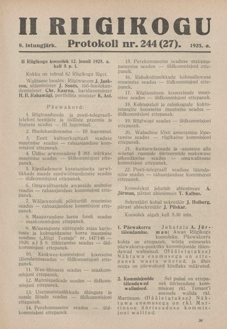 II Riigikogu : VIII istungjärk : protokoll nr. 244 (27)