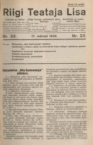 Riigi Teataja Lisa : seaduste alustel avaldatud teadaanded ; 23 1939-03-17