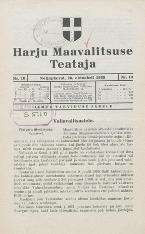 Harju Maavalitsuse Teataja ; 10 1939-10-26