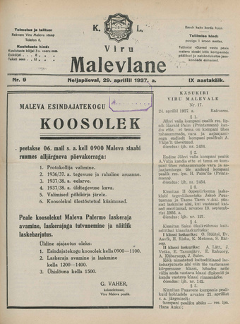 K. L. Viru Malevlane ; 9 1937-04-29