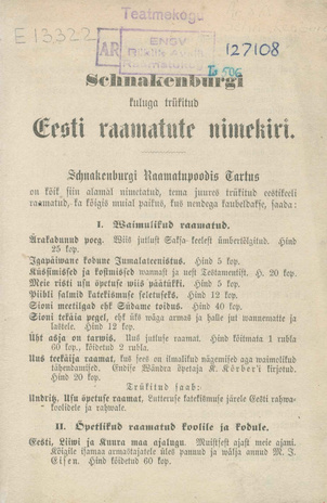 Schnakenburgi kuluga trükitud Eesti raamatute nimekiri