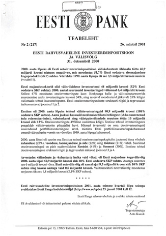 Eesti Pank : teabeleht ; 2 (217) 2001-03-26