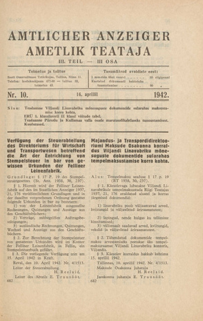 Ametlik Teataja. III osa = Amtlicher Anzeiger. III Teil ; 10 1942-04-16