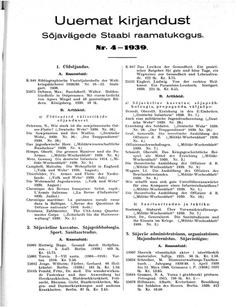 Uuemat Kirjandust Kaitsevägede Staabi raamatukogus ; 4 1939
