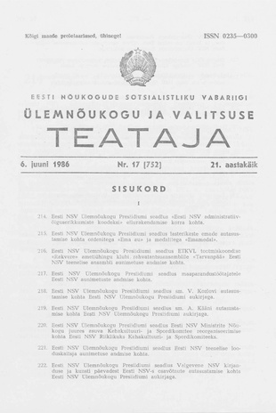 Eesti Nõukogude Sotsialistliku Vabariigi Ülemnõukogu ja Valitsuse Teataja ; 17 (752) 1986-06-06