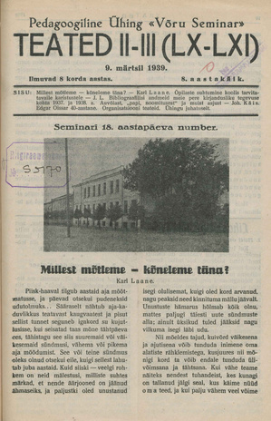 Pedagoogiline Ühing "Võru Seminar" : teated ; II-III (LX-LXI) 1939-03-09
