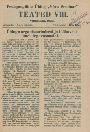 Pedagoogiline Ühing "Võru Seminar" : teated ; VIII 1932-10