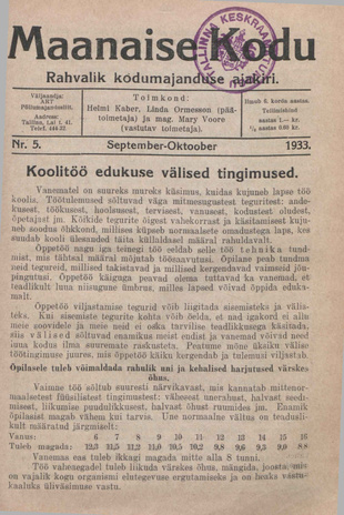 Maanaise Kodu : rahvalik kodumajanduse ajakiri ; 5 1933-09/10