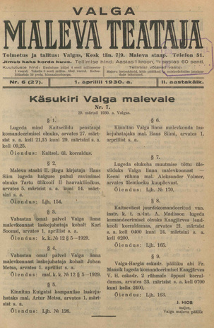 Valga Maleva Teataja ; 6 (27) 1930-04-01