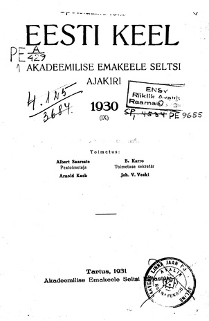 Eesti Keel ; sisukord 1930