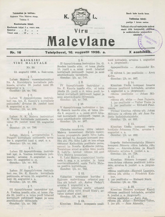 K. L. Viru Malevlane ; 16 1938-08-16