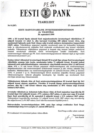 Eesti Pank : teabeleht ; 8 (207) 1999-12-27