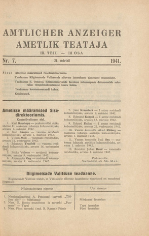 Ametlik Teataja. III osa = Amtlicher Anzeiger. III Teil ; 7 1942-03-21
