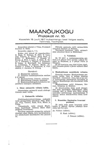 Maanõukogu protokoll nr.10 (18. juuli 1917)