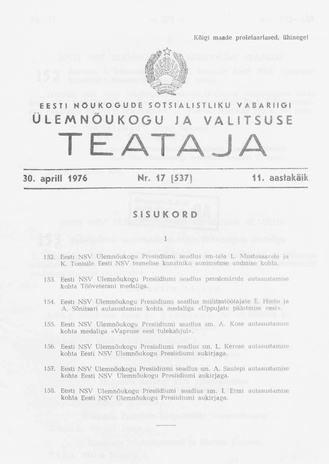 Eesti Nõukogude Sotsialistliku Vabariigi Ülemnõukogu ja Valitsuse Teataja ; 17 (537) 1976-04-30