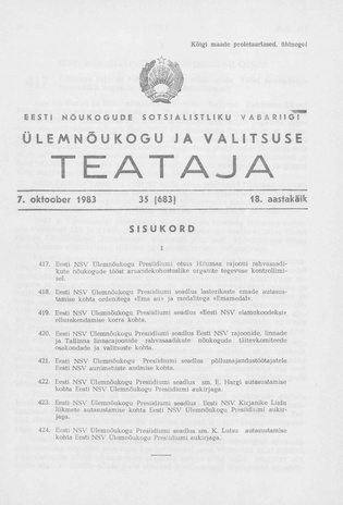 Eesti Nõukogude Sotsialistliku Vabariigi Ülemnõukogu ja Valitsuse Teataja ; 35 (683) 1983-10-07