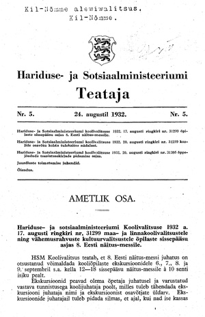 Hariduse- ja Sotsiaalministeeriumi Teataja ; 5 1932-08-24