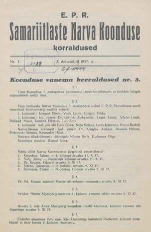 EPR Samariitlaste Narva Koonduse korraldused ; 3 1937-12-03