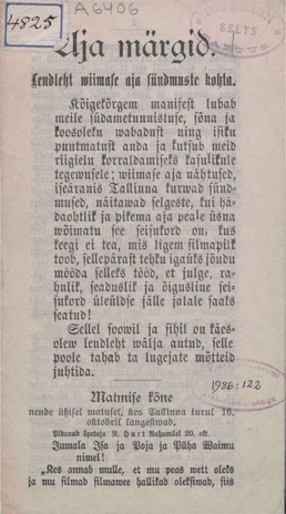 Aja märgid : Lendleht wiimase aja sündmuste kohta : [Dokumendid ja seletused sündmustest Tallinna turul 16. okt. 1905]