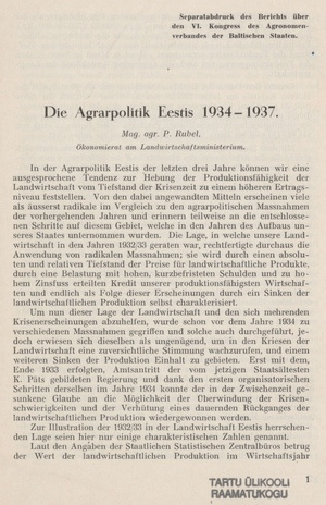 Die Agrarpolitik Eestis 1934-1937