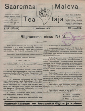 Saaremaa Maleva Teataja ; 3/4 (167/168) 1936-02-05