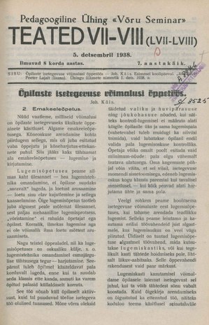 Pedagoogiline Ühing "Võru Seminar" : teated ; VII-VIII (LVII-LVIII) 1938-12-05