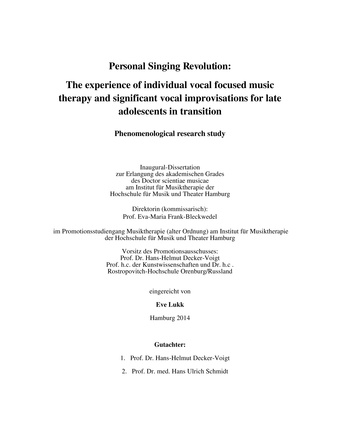 Personal singing revolution : the experience of individual vocal focused music therapy and significant vocal improvisations for late adolescents in transition