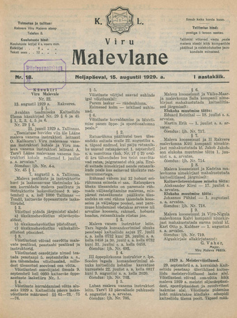 K. L. Viru Malevlane ; 18 1929-08-15