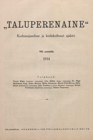 Taluperenaine : kodumajanduse ja kodukultuuri ajakiri ; sisukord 1934
