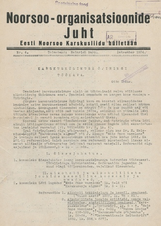 Noorsoo-organisatsioonide Juht : Eesti Noorsoo Karskusliidu bülletään ; 4 1934-12