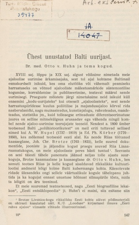 Ühest unustatud Balti uurijast : Dr. med. Otto v. Huhn ja tema kogud