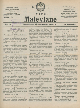 K. L. Viru Malevlane ; 19 1937-09-30