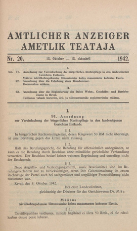 Ametlik Teataja. I/II osa = Amtlicher Anzeiger. I/II Teil ; 20 1942-10-15
