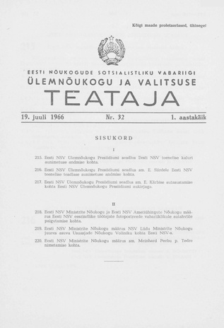 Eesti Nõukogude Sotsialistliku Vabariigi Ülemnõukogu ja Valitsuse Teataja ; 32 1966-07-19